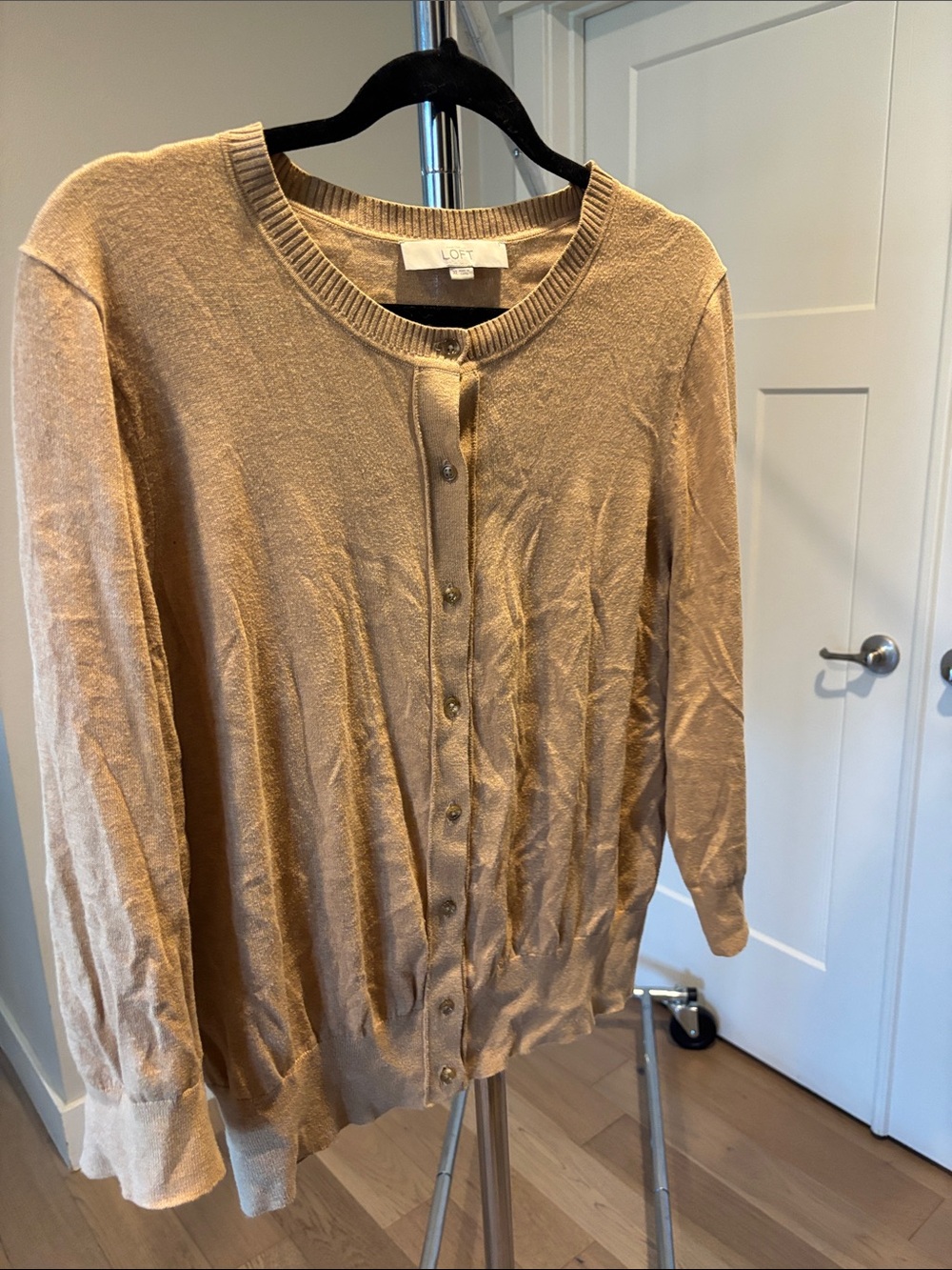 LOFT Tan Crewneck Button-Front Cardigan
